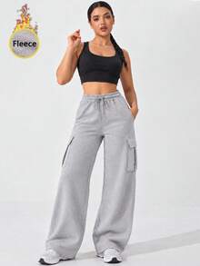 Women's High Waist Thermal Lined Cargo Sweatpants With Drawstring Elastic Waist And Side Pockets Wide Leg Casual Pants - Light Grey - View 5