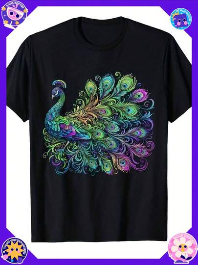 Peacock Print T-Shirt - Colorful Bird Design Short Sleeve Shirt, 60-70's Style Inspiration, Suitable For Daily Wear And Themed Occasions