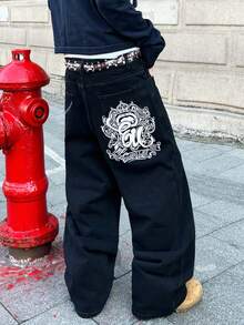 1pc Casual Loose Fit Embroidered Straight Leg Jeans, Versatile American Streetwear Style For Men, All Season (Excluding Belt And Accessories) - الأسود - مشاهدة 6