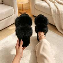 Women's Two Band Faux Fur Slide Slippers, Fluffy Open Toe House Slippers, Soft Non-Slip Indoor Bedroom Home Shoes - Black - View 1
