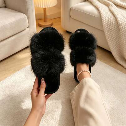 Sandal Selop Bulu Imitasi Dua Tali untuk Wanita, Sandal Rumah Berbulu dengan Ujung Terbuka, Sepatu Rumah Lembut Anti Selip untuk Dalam Ruangan dan Kamar Tidur
