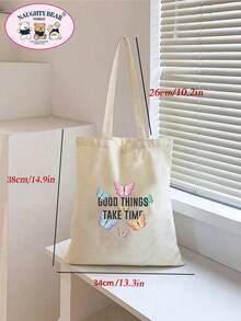Fashionable Minimalist Butterfly Line Print Canvas Tote Bag - Beige - View 2