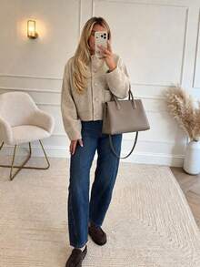 Women's New Fall Winter Knit Cardigan, Casual Crew Neck Long Sleeve Button Front Sweater Coat, Solid Apricot Ribbed Knitwear For Daily & Commute - Yan - View 3