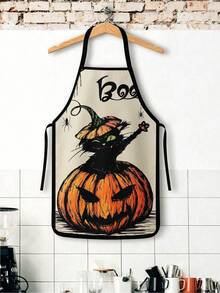 1pc/2Pcs/4Pcs Spooky Dark Halloween Apron, Witch Cauldron Haunted Castle Full Moon Pumpkin Print Apron, Cooking Baking Holiday Costume Apron - Multicolor - View 3