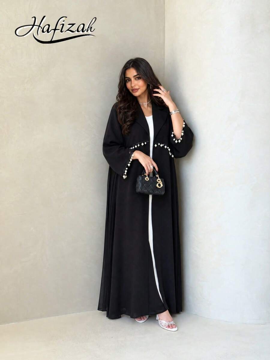 Hafizah عباية كارديجان طويلة سوداء بتصميم رقعات مطوية، رداء فضفاض منسدل مفتوح من الأمام، معطف طويل أنيق متعدد الاستخدامات للنساء للاستخدام اليومي - الأسود - مشاهدة 1