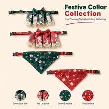 1pc Christmas Pet Collar , Bandana, Santa Print Adjustable Dog Collar With Bow Lace, Xmas Triangle Bib Kerchief For Small Medium Large Dogs Holiday Party Costume - Green - View 1