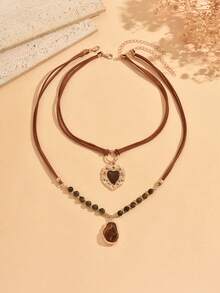 2pcs/Set Vintage Marrone Color Brown Velvet Rope Necklace With Brown Baroque And Heart Pendant, Fashionable Versatile Women's Neck Jewelry Suitable For Daily Casual, Dating, Vacation And Party Wear - Multicolor - View 2