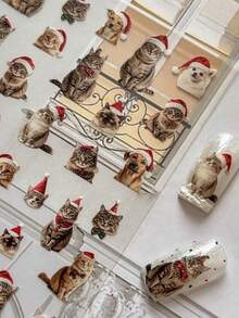 1 Sheet Flat Christmas Nail Stickers, Cute Realistic Cat & Dog Santa Hat Pattern Self-Adhesive Nail Art Decorations - Multicolor - View 2