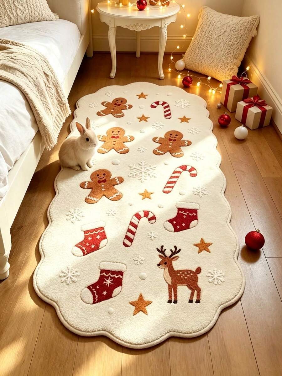 1pc Gingerbread Man & Reindeer Christmas Shaped Lace Bedroom Decor Rug, Soft Skin-Friendly Carpet, Autumn/Winter Decorative Rug, Bathroom Rug, Decorative Rug, Bedroom Decor, Small Rug, Carpet, Home Decor, Living Room Rug, Living Room Small Rug, Bedroom Carpet, Living Room Home Decor, Outdoor Rug, Washable Rug - Multicolor - View 1