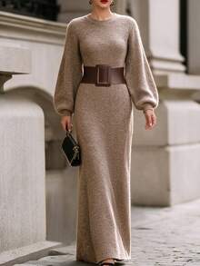 Women's Autumn/Winter Grey Brown Soft Ribbed Knit Crew Neck Lantern Sleeve Fitted Long Sweater Dress, Elegant Casual Daily Commute Layering Style - Maroon - View 1
