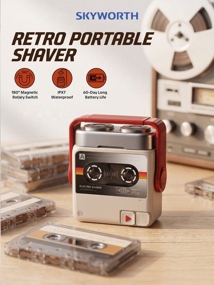 SKYWORTH 1pc Retro Walkman Design Men's Electric Shaver, Rechargeable Mini Shaver, Long Battery Life, Waterproof, Premium Gift Box, Suitable For Gifts And Business Travel - Style a - View 1
