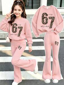 Setelan 2 Potong Sweatshirt & Celana Panjang Serbaguna untuk Anak Perempuan, Cocok untuk Musim Semi dan Gugur, Pakaian Anak Perempuan Gaya Amerika yang Manis, Sempurna untuk Sekolah, Liburan, Belanja, Olahraga, dan Berbagai Acara. - Berwarna merah muda - View 1