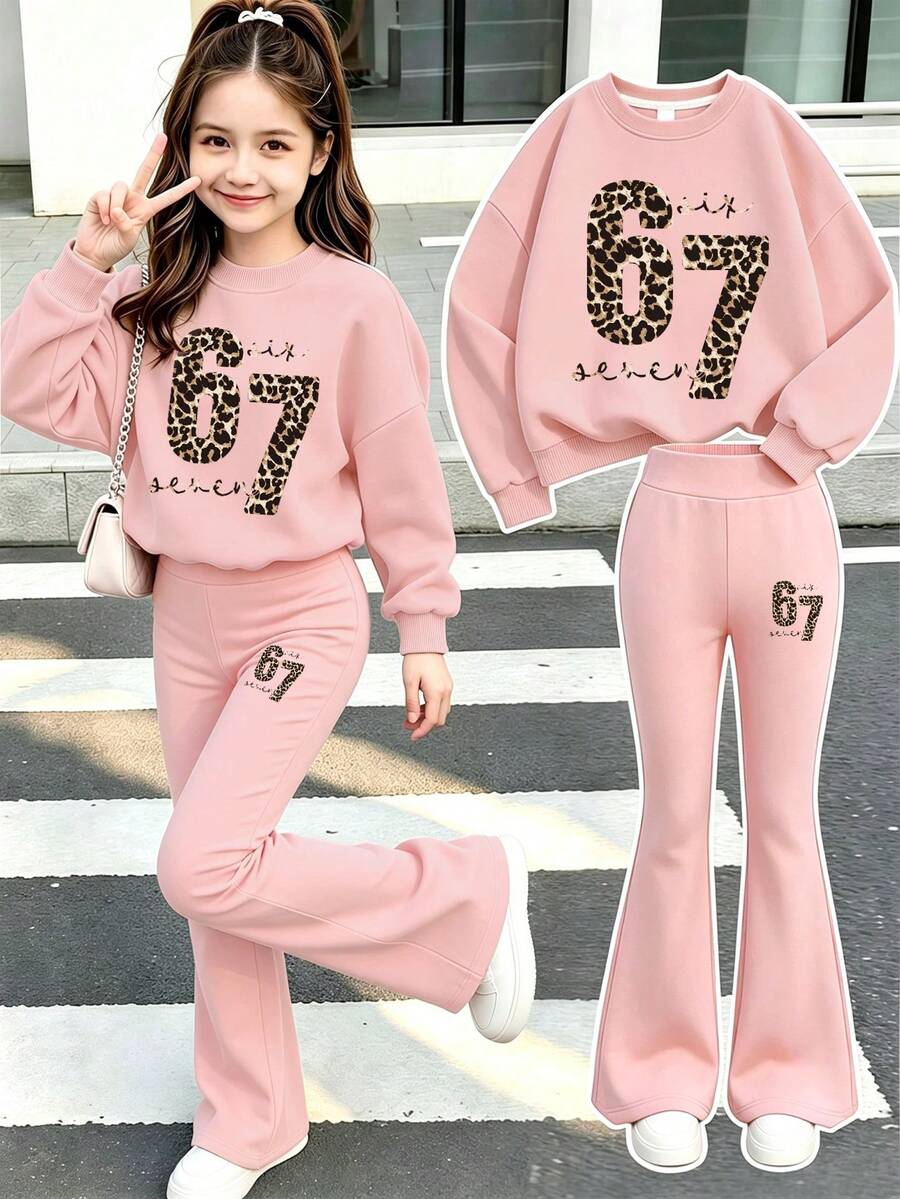 Setelan 2 Potong Sweatshirt & Celana Panjang Serbaguna untuk Anak Perempuan, Cocok untuk Musim Semi dan Gugur, Pakaian Anak Perempuan Gaya Amerika yang Manis, Sempurna untuk Sekolah, Liburan, Belanja, Olahraga, dan Berbagai Acara. - Berwarna merah muda - View 1