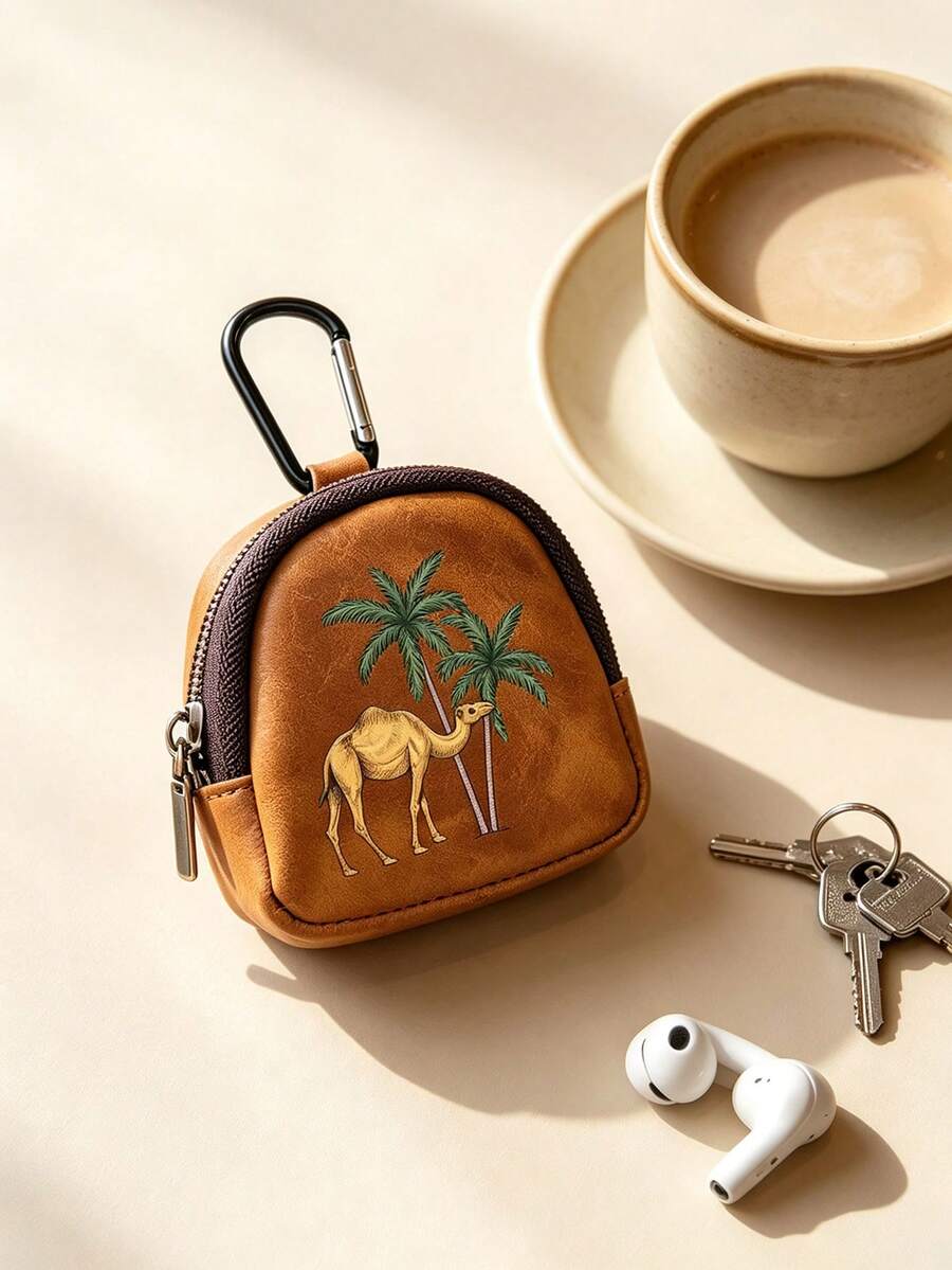 Vintage Camel Palm Tree Mini Leather Coin Purse With Carabiner, Earphone & Key Storage Bag, Portable PU Leather Earphone Organizer, Outdoor Travel Mini Bag - Multicolor - View 1