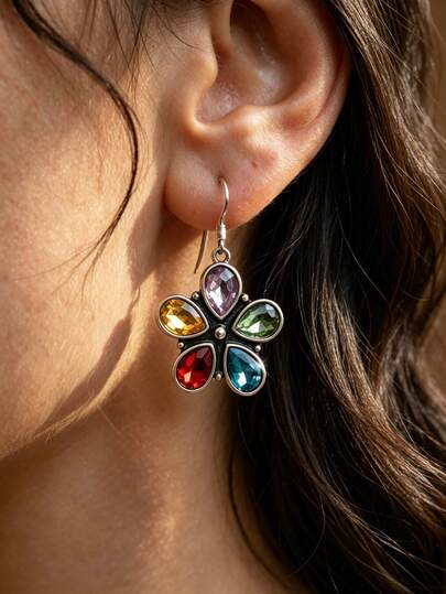 Bohemian Multicolor Marquise Artificial Crystal Flower Drop Earrings For Women, Vintage Antique Silver Five-Petal Flower Pendant Earrings, Lightweight Hypoallergenic Shiny Floral Statement Jewelry For Vacation, Party, Daily Elegance