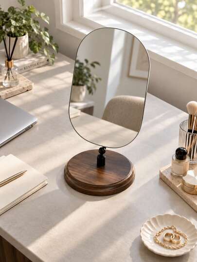 Nordic Minimalist Desktop Makeup Mirror, Frameless Oval Vanity Mirror With Walnut Wood Base, Adjustable Tabletop Cosmetic Mirror For Bedroom, Dressing Table, Bathroom & Home Decor