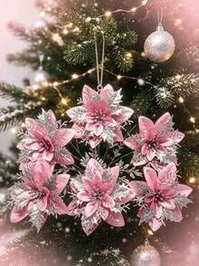 12pcs Pink Christmas Tree Flowers - 5.7 Inch Pink Poinsettia Decor, Plastic Material, No Feathers, Reusable Holiday Decorations, Universal Holiday Decor, Suitable For Christmas Tree Decoration, Window Decoration - Multicolor - View 8