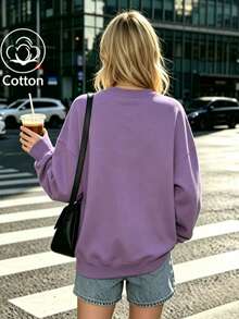 Casual Women's Cotton Blend Long Sleeve Round Neck Rib-Knit Pullover Sweatshirt, Regular Fit Fall Winter Essential - Deep Purple - View 3