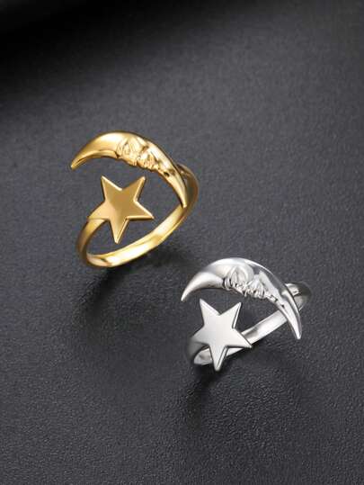 LIKGREAT 1pc Women's Fashion Stainless Steel Sun & Moon Shaped Open Ring, Unique Design, Unisex Gift