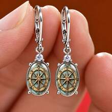 Vintage Style Nautical Compass Pattern Ear Clips Earrings, Domed Resin Design, Women's Travel Enthusiast Jewelry, Suitable For Daily Wear And Commuting - Silver - View 2