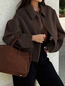 Women's Solid Color Long Sleeve Zipper Front Casual Jacket, Loose Fit Zipper Lapel Long Sleeve Outerwear, Street Style Layering Piece, Suitable For Autumn/Winter Daily Outfits - Dark Brown - View 3