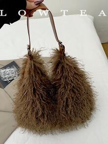 low tea 1pc Crescent Shaped Plush Fabric Shoulder Bag, Suitable For Commuting, Shopping And More - Coffee - View 7