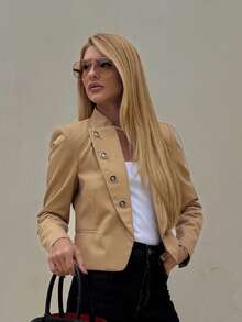 Solstice Apparel Women Khaki Stand Collar Cropped Blazer, Vintage Metal Badge Button Fitted Jacket - Camel - View 4