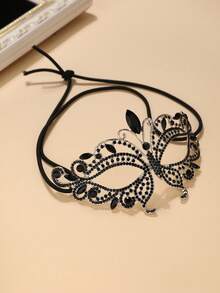 1pc Glass Rhinestone Butterfly Shaped Masquerade Mask, Halloween Personalized Face Decoration - Black - View 2
