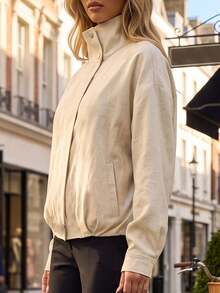 Fashion Women's Autumn/Winter Jacket, Solid Beige Woven Long Sleeve Short Jacket With Pockets, Lapel Collar, Front Button Design - White - View 7
