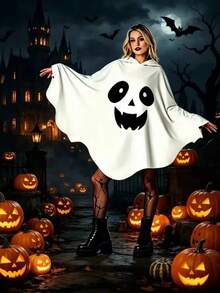 1pc Halloween Ghost Hooded Costume Adult Funny Pumpkin Face Cape Cosplay Outfit Prop - White - View 4