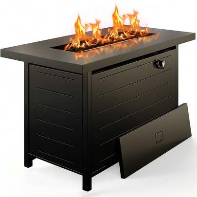 Propane Fire Pit Table, Outdoor Gas Heater Table, For Backyard Patio Deck Garden, High Heat Output Removable Lid Lava Rocks, Modern Industrial Style, Black, One Piece