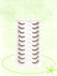Brown 10 Pairs New Half Eye Lashes, Cross Soft & Natural Cat Eye Design, Makeup Tool False Eyelashes For Lengthening & Volumizing - Brown - View 2