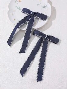 2pcs/6pcs Girls Denim Fabric Bow Hair Clips, Wavy Edge Long Ribbon Alligator Hair Clips, Gentle Atmosphere Side Hair Clips Hair Accessories - Multicolor - View 3