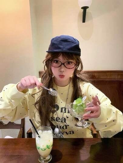 Polka Dot All-Over Print Puppy Crew Neck Sweatshirt Women Korean Style College Loose Versatile Chic Lazy Top
