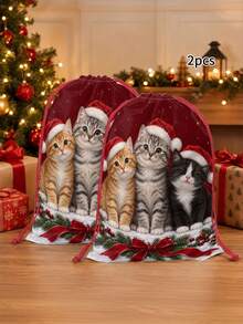 2pcs Red & Green Snowflake Christmas Tree Print Gift Wrapping Bags, Nordic Style Fabric Rectangular Drawstring Gift Sacks With Knit-Look Pattern For Christmas Presents, Party Favors & Holiday Decor - Multicolor - View 17