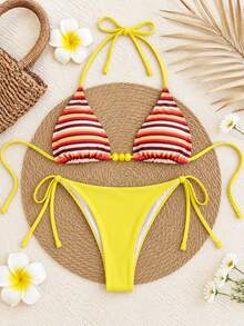Valentine's Day Spring/Summer New Vibrant Colorblock Striped Halter Bikini Beach Vacation Party Date Sexy Two Pieces Swimsuit Set - Multicolor - View 2