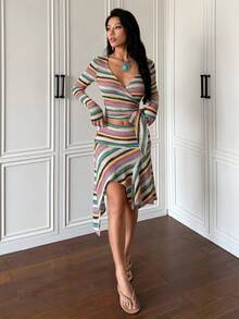 Colorful Striped Knit Wrap V-Neck Long Sleeve Top & Ruffle Mid-Length Skirt 2 Pieces Set - Multicolor - View 4