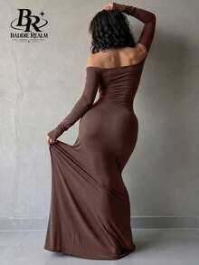 Gaun Maxi Seksi Pas Badan Model Bahu Terbuka untuk Kencan Malam dari BADDIE REALM untuk Wanita - Kopi - View 6