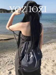 時尚蝴蝶結抽繩水桶後背包，大容量可折疊旅行包，適合女性大學生，戶外出遊 - 黑色 - 查看 5