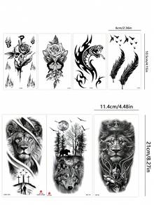 7pcs Men's Temporary Tattoo Stickers, Large Half-Arm Animal & Small Totem Design Set, Realistic Wolf Head, Lion, Dragon, Compass, Skull, Snake Pattern, Waterproof & Scratch-Resistant, Suitable For Men's Arms, Legs, Wrists, Ideal For Parties, Nightclubs, Festivals And Daily Decoration - Halloween - View 9