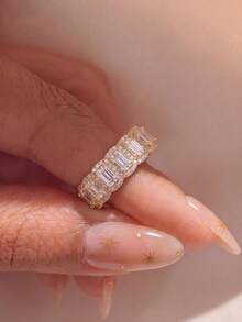 1pc Half-Circle Inlaid Rectangular Ring, Elegant Women's Gift, Suitable For Dates, Parties, Anniversaries - Rectangle - View 4