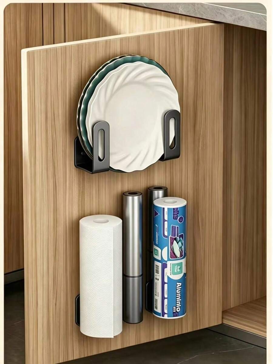 2-8pcs Self-Adhesive Carbon Steel Wall Hooks, Heavy Duty Rust-Proof Multi-Function Kitchen Storage Rack, Space-Saving Cutting Board Pot Lid Sponge Kitchen Utensil Holder, Suitable For Home Apartment Kitchen Bathroom Practical Wall Storage - View 1