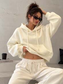 Unisex Thermal Lined Loose Fit All-Match Sweatshirt With Pockets And Drawstring, Long Sleeve Pullover Sweatshirt, Machine Washable, Warm Inner Lining - Apricot - View 2