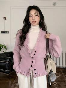 Autumn New Korean Style V-Neck Niche Sweater Cardigan Lazy Ruffle Hem Waist-Cinching Slimming Knitwear Sweater - Pink - View 2