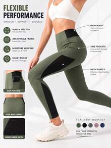 Women's High Waist Mesh Patchwork Pocket Sports Leggings, Colorblock Split Design Fitness Yoga Pants, Butt-Lifting High Elasticity Workout Tight Pants For Gym, Running, Casual Wear - Army Green - View 3