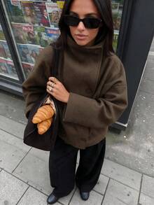 Women's New Solid Color Retro Double-Breasted High Neck Coat, Autumn/Winter Commuter Jacket - Chocolate Brown - View 1
