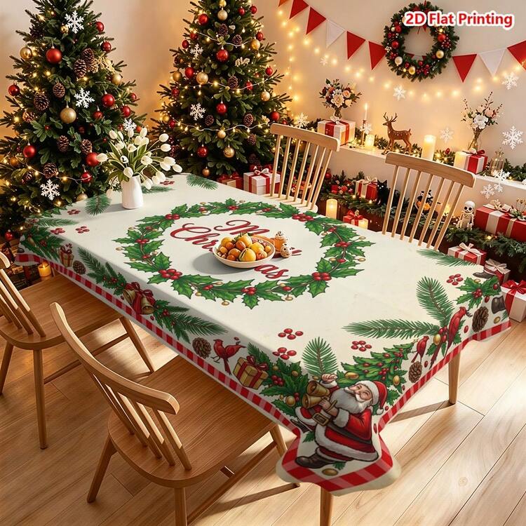 1pc Christmas Themed Tablecloth With Santa Claus, Holly Wreath, Golden Bells, Pine Cones, Red Cardinal, Christmas Tree, Gift Boxes And Plaid Border, Suitable For Kitchen Dining Table Decoration, Restaurant Decor, Picnic Camping, Party Scenes, Farmhouse Style Furnishing, Desktop Beautification And Holiday Atmosphere Creation - Multicolor - View 16