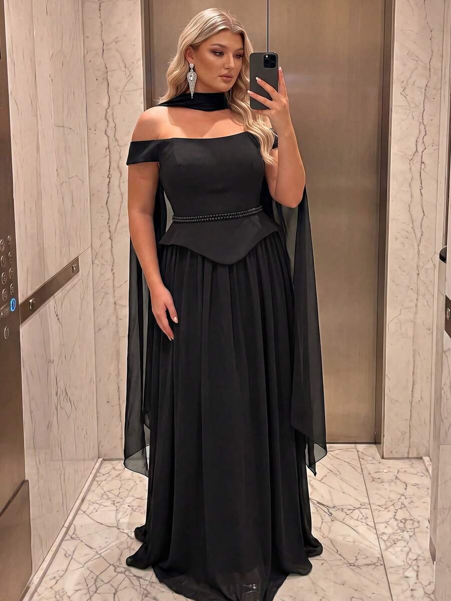 QOQ Plus Size Women's Luxury Strapless Heavy Beaded Sequin Formal Evening Gown, Sexy Cocktail Dress For Prom, Wedding Guest, Spring/Summer - Black - View 1