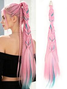 26inch Pink Braided Ponytail Extensions,Reusable Elastic Rubber Band Hair Accessory For Cosplay,Festival, Party And Daily Wear - Multicolor - View 2