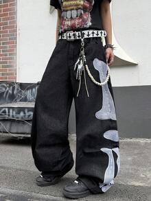 1pc Casual Loose Fit Embroidered Wide Leg Jeans, Comfortable American Street Style Pants, Suitable For All Seasons (No Belt Or Accessories) - الأسود - مشاهدة 1
